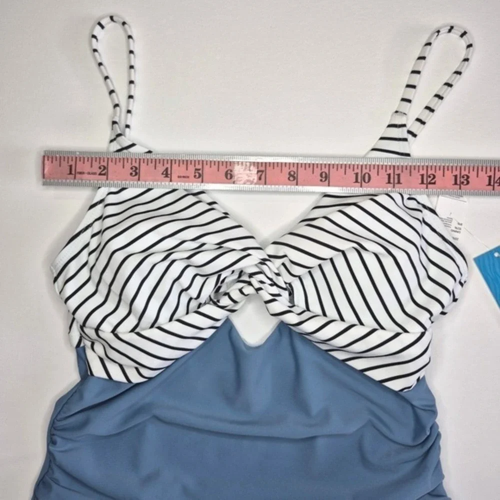 Cupshe Striped Twist Front Ruched One Piece Swimsuit Blue‎ White Small NWT